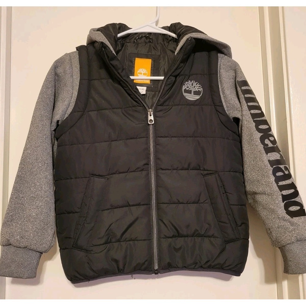 Timberland Boys Puffer Jacket Black Gray Hooded S (7/8) Full Zip Polyester